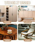 Image showcasing closets, cabinets, tables, and chairs highlighting uses for Professional Grade Top Tier 200 Pack Natural Birch Wood Dowel Pins.
