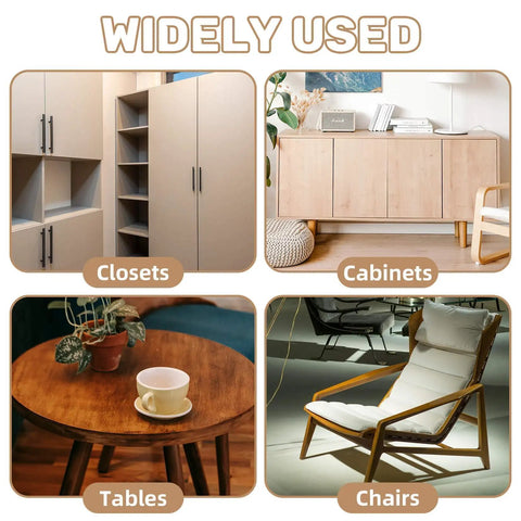 Image showcasing closets, cabinets, tables, and chairs highlighting uses for Professional Grade Top Tier 200 Pack Natural Birch Wood Dowel Pins.