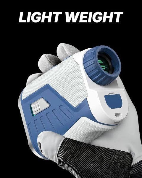 Dope Precision Golf Range Finder With Slope Switch And Flag Lock Vibration in blue, held by gloved hand, light weight design