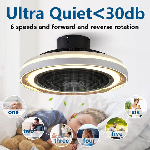 Bladeless Flush Mount Ceiling Fan With Lights And Remote, 19 Inch Low Profile Ceiling Fan shown with 6 speed settings and children sleeping