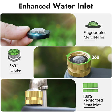 Close-up of enhanced brass water inlet with mesh filter for WiFi Water Timer For Garden Hose Smart Sprinkler Timer With App Remote Control Alexa Voice Control Rain Delay Manual Mode No Gateway Needed Reliable Yard And Lawn Watering