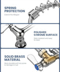Pro Grade Commercial Kitchen Faucet With Pre Rinse Sprayer Wall Mount Eight Inch Center Nine Point Six Inch Swing Add On Spout close-up of chrome and brass materials