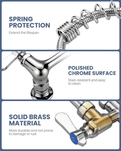 Pro Grade Commercial Kitchen Faucet With Pre Rinse Sprayer Wall Mount Eight Inch Center Nine Point Six Inch Swing Add On Spout close-up of chrome and brass materials