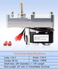 PU-047040 Auger Motor 1 RPM Counter Clockwise Drop In Replacement For Englander 25-PDVC Pellet Stoves, product specifications visible