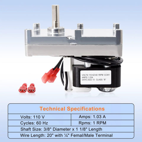 PU-047040 Auger Motor 1 RPM Counter Clockwise Drop In Replacement For Englander 25-PDVC Pellet Stoves, product specifications visible