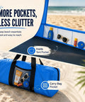 Portable Beach Sun Shelter For 2 To 8 People, UPF 50 Plus UV Protection, showing interior tent pockets and carry bag pockets.
