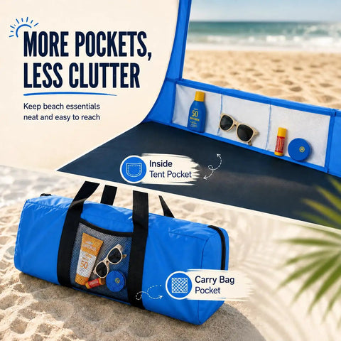 Portable Beach Sun Shelter For 2 To 8 People, UPF 50 Plus UV Protection, showing interior tent pockets and carry bag pockets.
