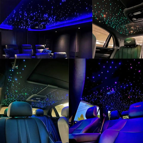 Dual Color 20W Fiber Optic Starlight Kit With 400 Strands, 9.8ft Each, End Glow RGBW illuminating car headliners and home ceilings.