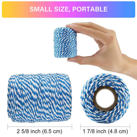 Hand holding small roll of blue and white twine, 2mm 3 strands, labeled with dimensions, for arts and crafts gift wrapping