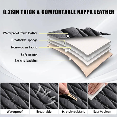 Premium Nappa Faux Leather Car Seat Covers Full Set Waterproof Non Slip Cushioned 0.28 Inch Thick material layers