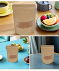Collage of Kraft Paper Stand Up Pouches with Clear Window Pack Of 50 Reusable Sealable Bags on different tables