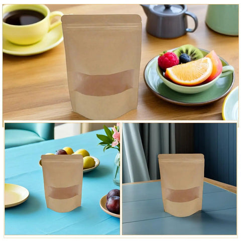 Collage of Kraft Paper Stand Up Pouches with Clear Window Pack Of 50 Reusable Sealable Bags on different tables