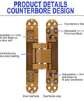 Hidden Door Hinges 6 Inch Heavy Duty Concealed Invisible 3 Way Adjustable 180 Degree Gold Two Pack With Screws Caps Hex Wrench