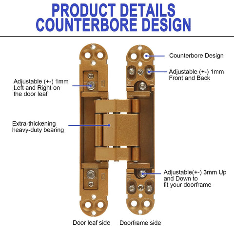 Hidden Door Hinges 6 Inch Heavy Duty Concealed Invisible 3 Way Adjustable 180 Degree Gold Two Pack With Screws Caps Hex Wrench