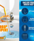 Drain Hair Clog Remover Kit With Rotating Handle Auger Easy Plumbing Snake Demonstrating 360 Spin in Sink, Made In USA
