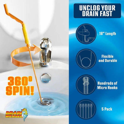 Drain Hair Clog Remover Kit With Rotating Handle Auger Easy Plumbing Snake Demonstrating 360 Spin in Sink, Made In USA