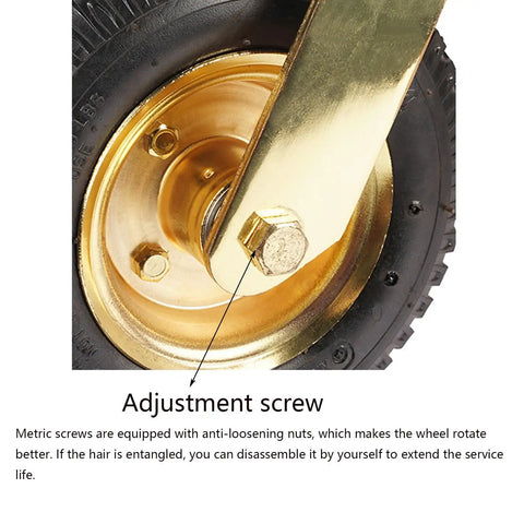 Close-up of Heavy Duty 8 Inch Pneumatic Rubber Tires For Hotel Luggage Carts showing gold plated adjustment screw.