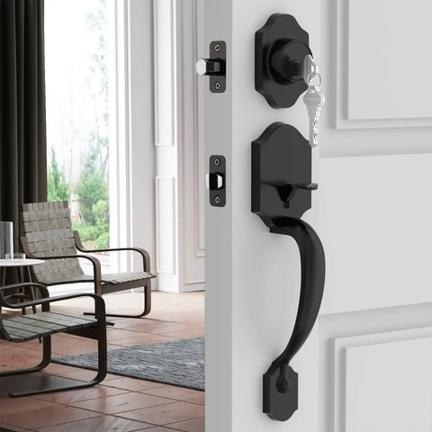Black Front Door Knob And Deadbolt Set With Reversible Handle Traditional Single Cylinder Exterior Door Lock For Left Or Right Handed Doors Heavy Duty Metal Construction Easy Install on white door, view from inside.