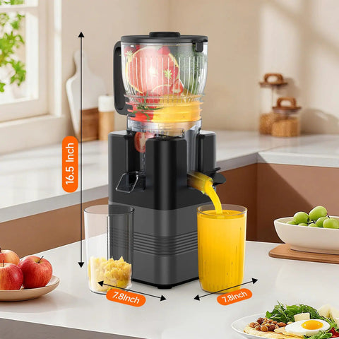 This Super Quiet 400W Cold Press Juicer Boasts A Massive 5.8 Inch Wide Chute For Fast And Easy Prep, 16.5 inch tall.