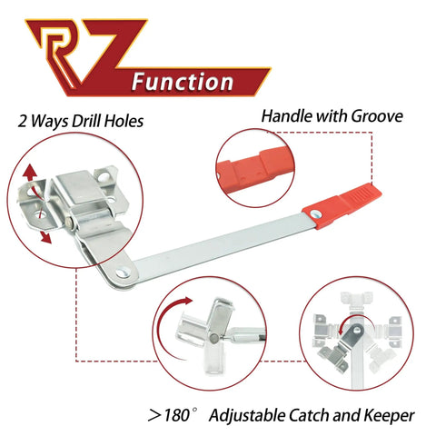 Emergency RV Window Latch Locks For Camper Exit Doors With Red Handle aluminum part features and adjustable mechanism details