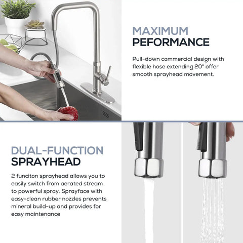 Pull Down Kitchen Faucet With Dual Function Spray Head Single Handle Deck Plate Included Fits 1 Or 3 Hole Sinks Brushed Nickel Finish