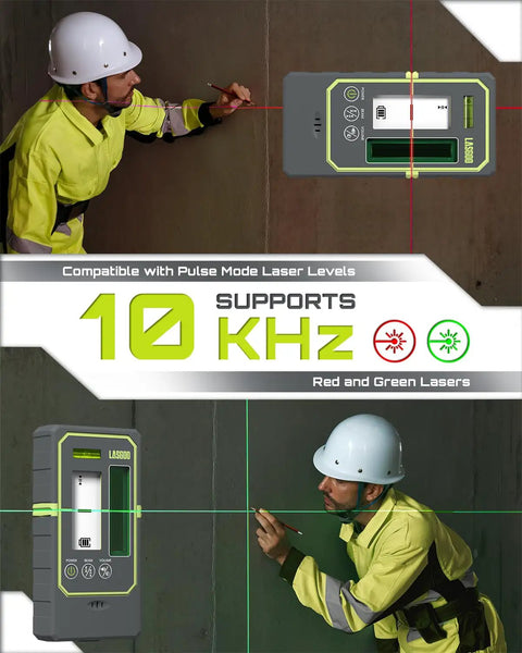 Laser Detector for Line Lasers With Pulse Mode, Dual LCD Display, Backlit Readout, 164 Ft Range, Adjustable Speaker, Bubble Level, Clamp Included, Ideal for Laser Level Calibration