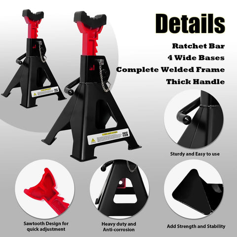 Front view of YATOINTO 6 Ton black jack stands with red ratchet bars; adjustable 15.6–23.4 in, rubber pads