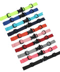 Assorted colors of adjustable chest straps for backpacks with quick release buckles, shown in a variety of durable nylon fasteners.