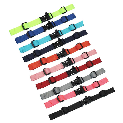 Assorted colors of adjustable chest straps for backpacks with quick release buckles, shown in a variety of durable nylon fasteners.