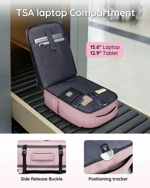 Open Under Seat Personal Item Bag For Travel TSA Approved 18x14x8 Inches With Water Bottle Pocket And Shoe Compartment Fits 15.6 Inch Laptop Pink For Women Go To Travel Buddy Carry On Backpack showing laptop space.
