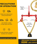 Diagram showing Beefed Up Ratchet Tie Down Kit 1/4 To 5/16 Inch Chain With 12ft Chains And Grappling Hook Two Set 5400 Lbs Working Load 19000 Lbs Break Strength with precautions and features.