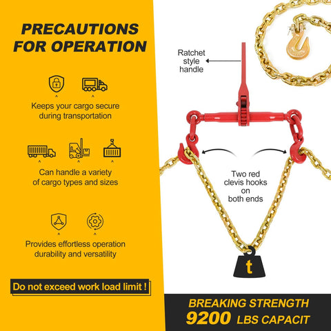 Diagram showing Beefed Up Ratchet Tie Down Kit 1/4 To 5/16 Inch Chain With 12ft Chains And Grappling Hook Two Set 5400 Lbs Working Load 19000 Lbs Break Strength with precautions and features.