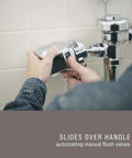 Person installing AutoFlush Touchless Toilet Flusher Clamp Chrome Hands Free Sensor Easy Retrofit Kit With Long Battery Life