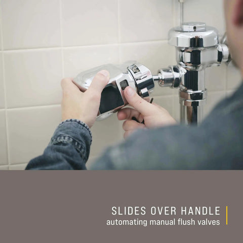 Person installing AutoFlush Touchless Toilet Flusher Clamp Chrome Hands Free Sensor Easy Retrofit Kit With Long Battery Life