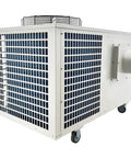 Heavy Duty Portable Air Conditioner With Rollin Wheels And Hella Cooling Power For Commercial Shops And Outdoor Hangouts Runs On 220V Three Phase Voltage, showing a white unit with a vent and durable casters.