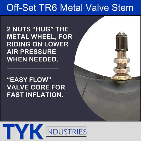 Close-up of TR6 metal valve stem on heavy duty ATV inner tube, highlights fit for 26X8-12 to 26X10-12 sizes with thick butyl rubber.