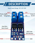 Close-up of 11Pcs MOSFET Switch Driver Module for Motors and LED Strips, PWM control, connectors labeled, dual parallel MOSFETs visible