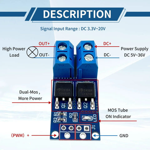 Close-up of 11Pcs MOSFET Switch Driver Module for Motors and LED Strips, PWM control, connectors labeled, dual parallel MOSFETs visible
