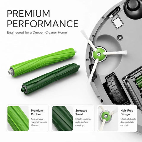Image of All In One Replacement Parts Kit For Popular Robotic Vacuum Cleaners Including I Series And J Series showing rubber rollers and side brush.