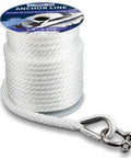 Braided Anchor Rope 3/8 Inch By 100 Feet Solid MFP Boat Line With Stainless Steel Thimble and Shackle Heavy Duty White Marine Anchor Rope