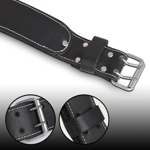 Close-up of adjustable 2.5-inch Leather Tool Belt for Tools Heavy Duty Utility Belt with metal buckle and stitching detail in black.