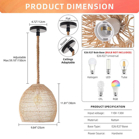 Diagram of Natural Rattan Pendant Light For Kitchen Island With Woven Rope Shade showing dimensions and bulb compatibility