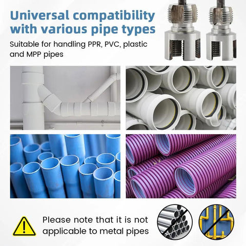 3 In 1 Pipe Threader Kit With Internal And External Threading Screw Extractor And Sealant Tape For PVC Pipes shown with variety of pipe types