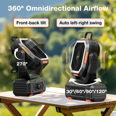 Black and orange 30000mAh Portable Camping Fan With Remote and LED Lantern showing 360-degree airflow on wooden table