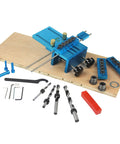High Precision Dowel Jig Set With Cam Guide for woodworking projects showing templates, drill bits, and aluminum alloy build