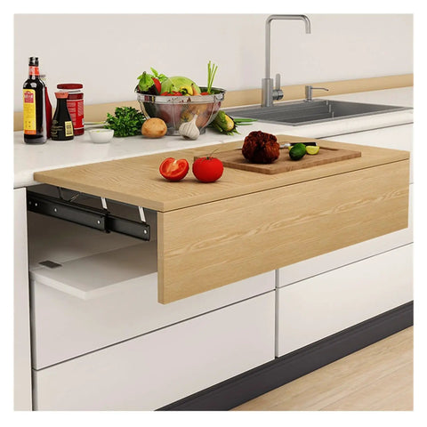 Heavy Duty Side Mounted Ball Bearing Drawer Slides Full Extension Rock Solid Cold Rolled Steel Runners For Hidden Dining Lift Tables Smooth As Butter Glide Cabinet Hardware Pack Of Two 250Mm on drawer with cutting board and food.