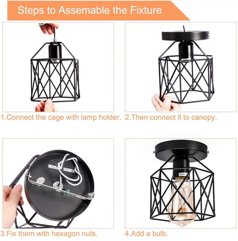 Assembly steps for Retro Industrial Ceiling Light Fixture 4 Pack Black Cage Style With E26 E27 Base UL Approved
