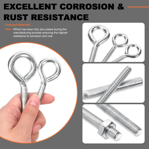116 Piece Eye Bolt And Nut Set Kit For M5 M6 M8 M10 Zinc Plated Carbon Steel Eye Bolts Screws And Hex Nuts In Durable Plastic Storage Box For Home Workshop Or Garage Projects DIY Ready. Zinc-plated carbon steel eye bolts shown in hand