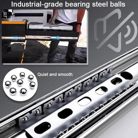 Close-up of 1 Pair Full Extension Ball Bearing Drawer Slides, Heavy Duty Side Mount Rails, 26 Inch Length 650mm, steel construction