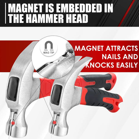 Two claw hammers with magnetic embedded heads from Workhorse Hammer Set With Magnetic Nail Starter And Two Claw Hammers